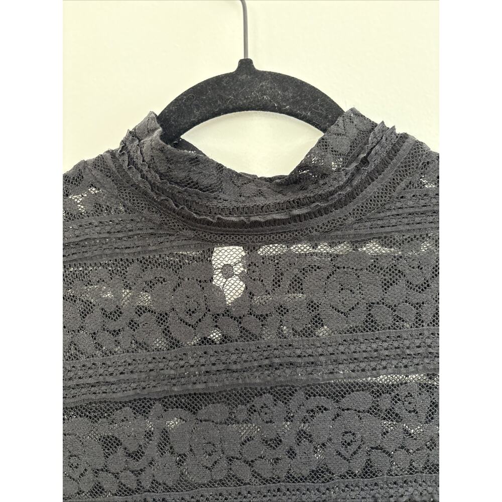 Zara Collection Black Sheer Floral Lace‎ Mock Neck Long Sleeve Top Medium